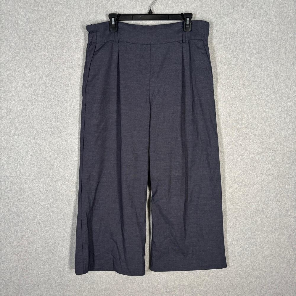 H&M Pleated Wide Leg Crop Pants 14‎ Navy Pockets Stretch Pull On Comfort Minimal